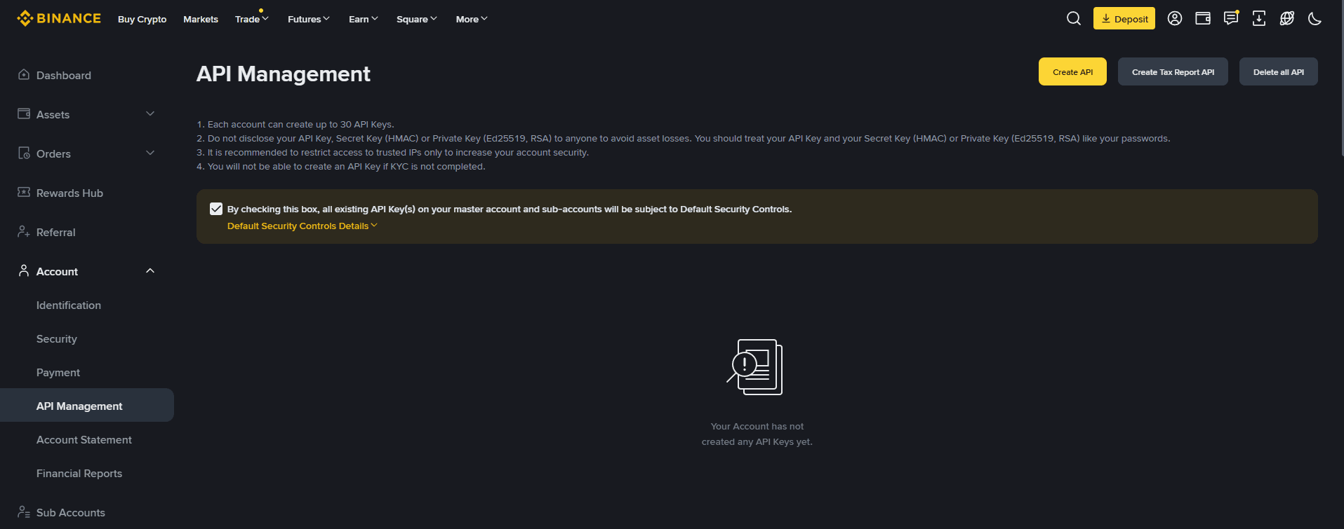 Binance API Management page