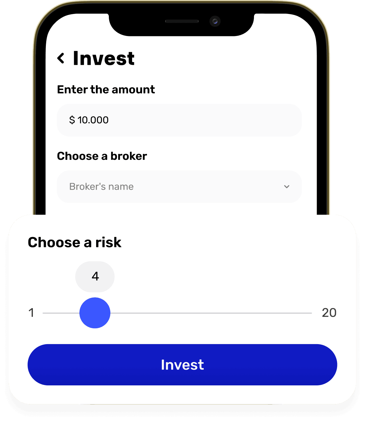 Mobile app showing investment setup with risk selection